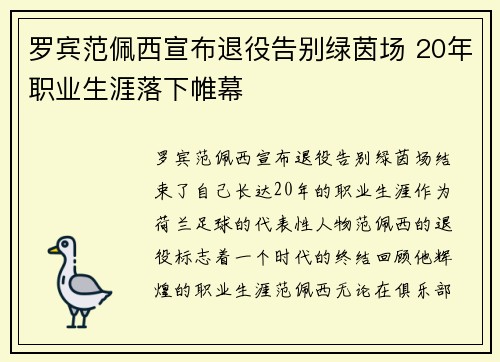 罗宾范佩西宣布退役告别绿茵场 20年职业生涯落下帷幕